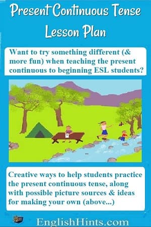 Picture: family camping by a river, with text:'Creative ways to help students practice the present continuous tense, along with possible picture sources & ideas for making your own (above.)'