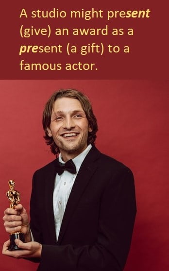 An actor presented with an award.
text: 'A studio might preSENT (give) an award as a PREsent (a gift) to a famous actor.' (The capital letters show the stressed syllables.)