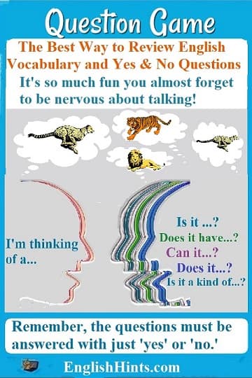 'The best way to review English Vocabulary & Yes or No questions.' Picture: people talking while thinking of kinds of cats. One says 'I'm thinking of...' & others guess.