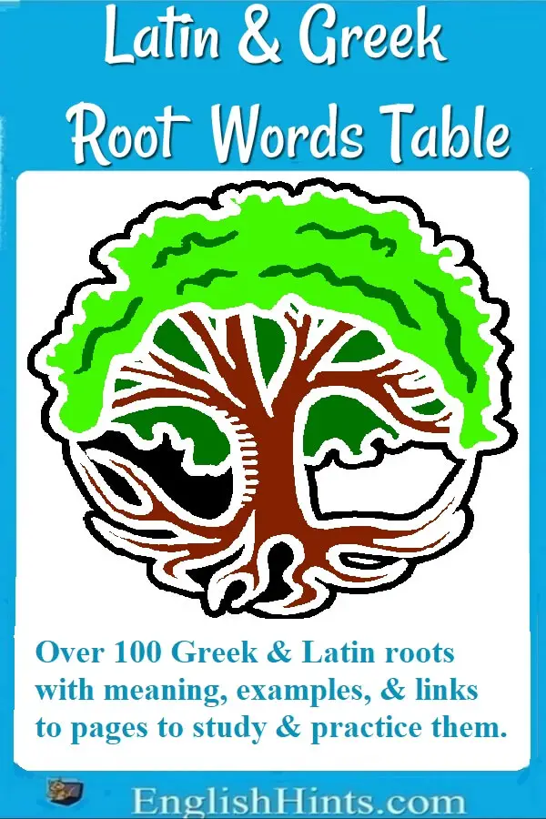 Image of a tree with roots, & text: "Over 100 Greek & Latin roots with meanings, examples, & links to pages to study & practice them."