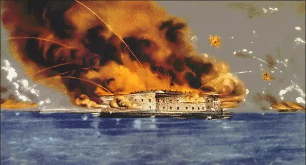 Ft. Sumter under bombardment, with lots of smoke and flame in this old drawing
